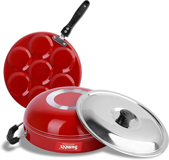 Sumeet 2.6mm Thick Non-Stick Rasberry Cookware set (Multi snack maker – 26.5cm Dia + Kadhai With Lid – 1.5Ltr capacity- 20cm Dia)