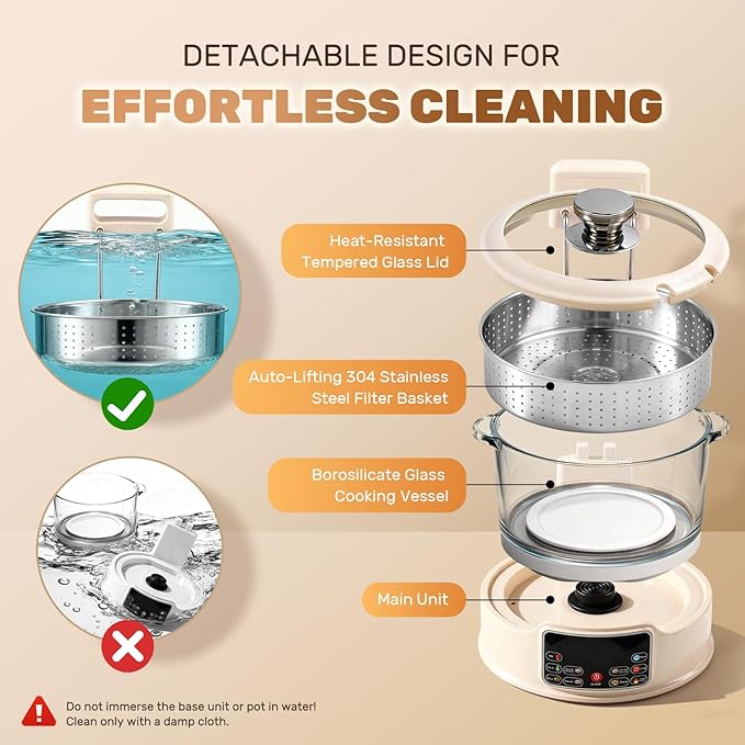 Moongiantgo Low Carb Rice Cooker 3L with Auto Lift Filter Basket Glass Pot Healthy Low Sugar Rice Maker 700W Digital Touch Control 12H Timer &amp Keep Warm Steamer for Porridge Soup Oats Grain