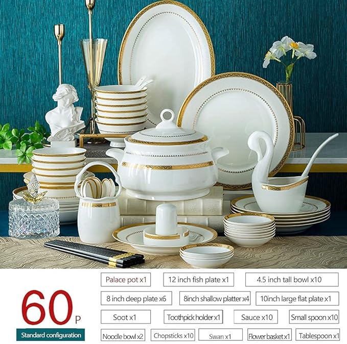 Kitchen Dinnerware Set Family Party Dinner Set 30/56/60Pcs Ceramic Dinnerware Set Bone China Tableware Dishes Plates Ceramic Combination Dinner Service Set30 Pieces