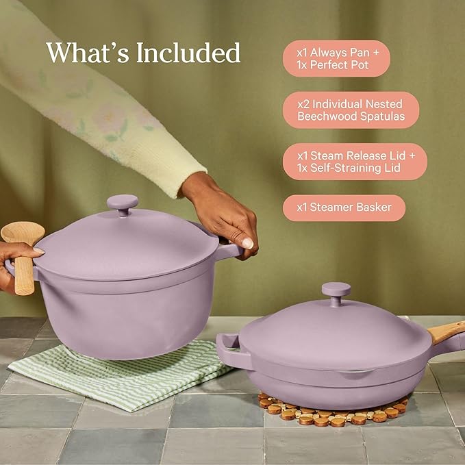 Our Place Cookware Duo | 7-Piece Ceramic Cookware Set with 10.5 Always Pan 2.0 5.5 Qt Perfect Pot &amp Strainer Basket | Induction &amp Oven Safe up to 450°F | Nonstick Non-Toxic Cookware | Spice
