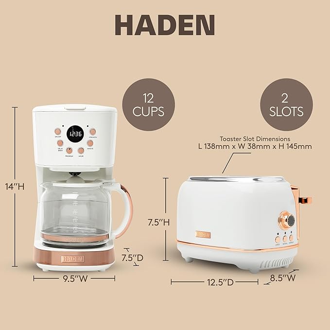 Haden Heritage 2 Slice Wide Slot Stainless Steel Toaster Bundled with 12 Cup Programmable Drip Coffee Maker Coffee Machine Ivory &amp Copper