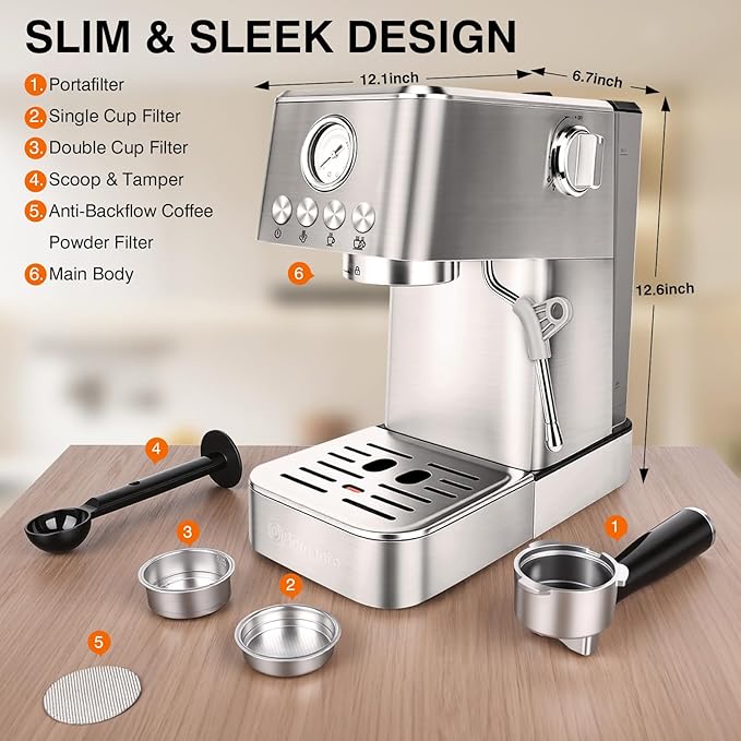 Sorgente 20 Bar Espresso Machine Stainless Steel Coffee Maker with Milk Frother 1350W Fast-Heating for Home Cappuccino &amp Latte Visible Pressure Gauge Silver
