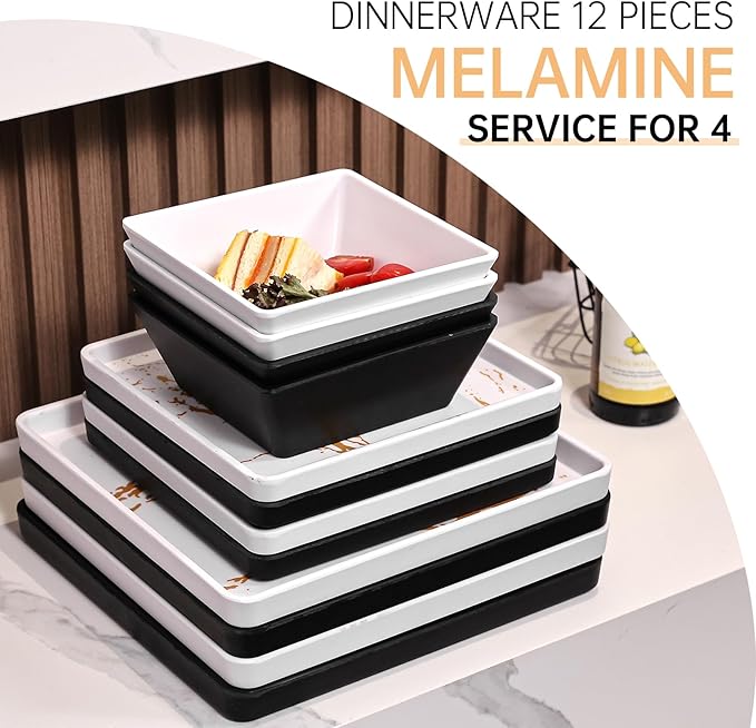 Square Melamine Dinnerware Sets of 12 PcsSquare Plates and Bowls SetsUnbreakable Dish Set for 4Lightweight Dishwasher Safe and BPA FreeSuit for RVCamping （Black and White）