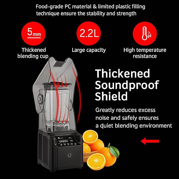 2200W Quiet Commercial Blender with Soundproof Shield – 2.2L Countertop Smoothie Maker with Smart Touch Screen – High Speed Food Blender for Ice Juices Shakes Restaurants Home UseBlack