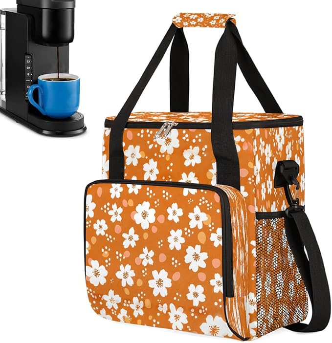 Flowers Orange Coffee Maker Carring Bag Travel Carrying Storage Tote Bag Compatible with Keurig K-Mini or K-Mini Plus Portable Single Serve Coffee Brewer Case with Pockets for K-cup Pods