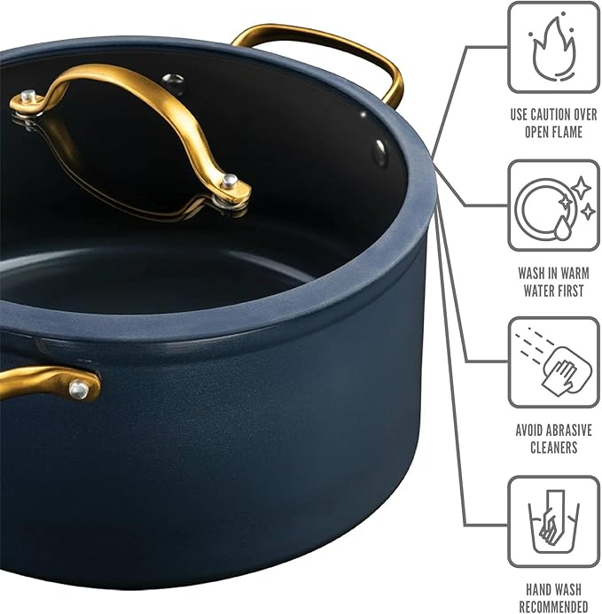 12-Piece Non-Stick Aluminum Cookware Set with Induction Base Oven Safe Black Finish (Blue &amp Gold)