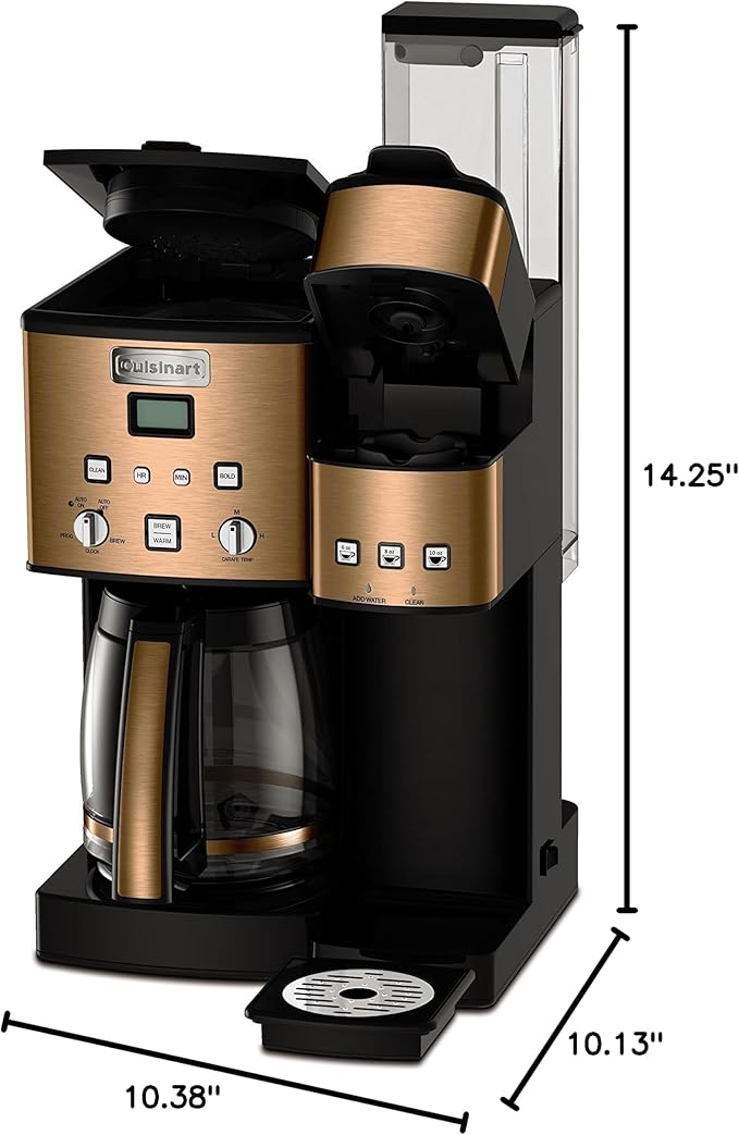 Cuisinart Single Serve + 12 Cup Coffee Maker Offers 3-Sizes: 6-Ounces 8-Ounces and 10-Ounces Stainless Steel SS-15CP Copper
