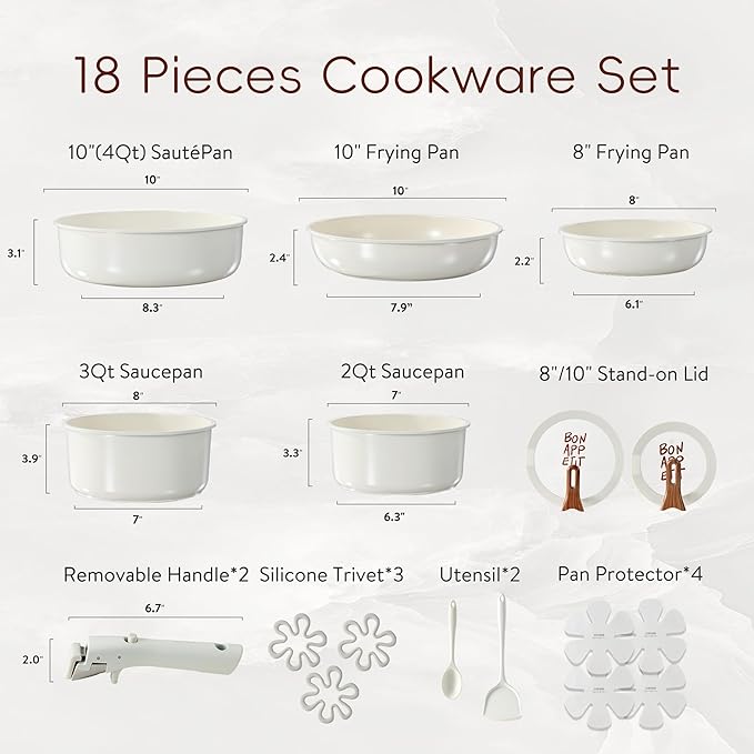 CAROTE 18Pcs Ceramic Cookware Set with Detachable Handle Pots and Pans Set Non Stick Non Toxic Kitchen Cooking Sets with Stand-Up Lid PFAS and PFOA Free Oven Safe Induction Ready Cream White