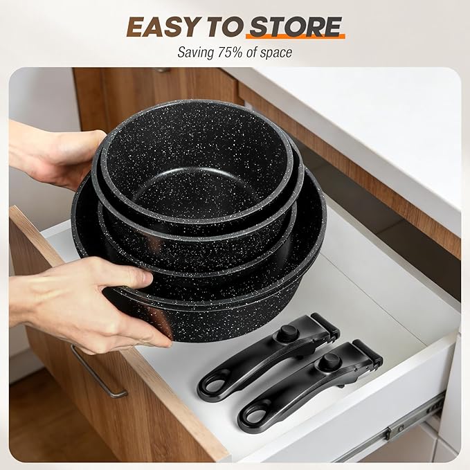 pots and Pans Set Nonstick Cookware Set Detachable Handle Induction Kitchen Cookware Sets with Removable Handle Non Stick RV Cookware Set Dishwasher ＆ Oven Safe (21 PCS)
