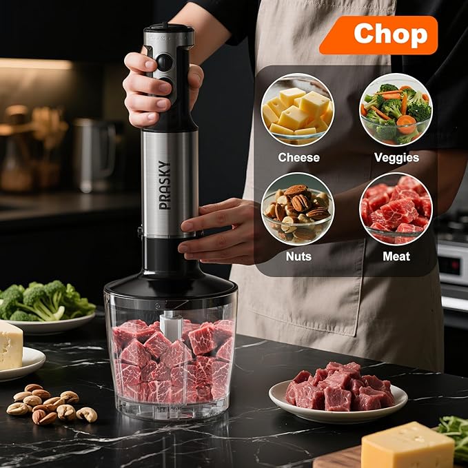 Immersion Blender Handheld Hand Blenders 20 Speed &amp Turbo Mode Hand Held Blender Heaviest Duty Copper Motor Stainless Steel Blades Milk Frother Wand Whisk 600ml Beaker 500ml Chopper (Silver