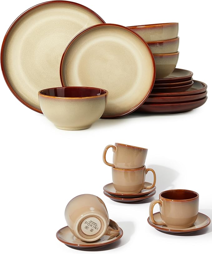 16 Pieces Dinnerware Sets with Coffee Cups with Saucers Light Yellow