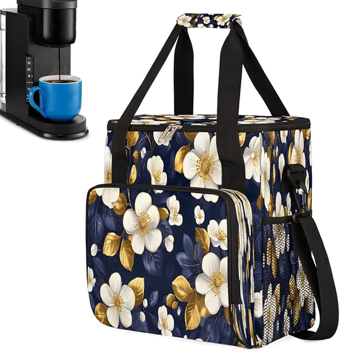 White Flowers Golden Leaves Coffee Maker Carring Bag Travel Carrying Storage Tote Bag Compatible with Keurig K-Mini or K-Mini Plus Portable Single Serve Coffee Brewer Case with Pockets for K-cup Pods