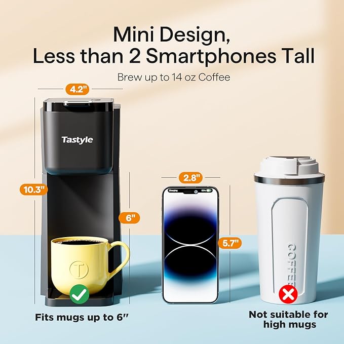 Mini Hot and Iced Coffee Maker Single Serve for K Cup and Ground 6 to 14 Oz Brew Sizes with Recipe Book for Home Travel RV Office and Dorm Classic Black (2.0 Version)
