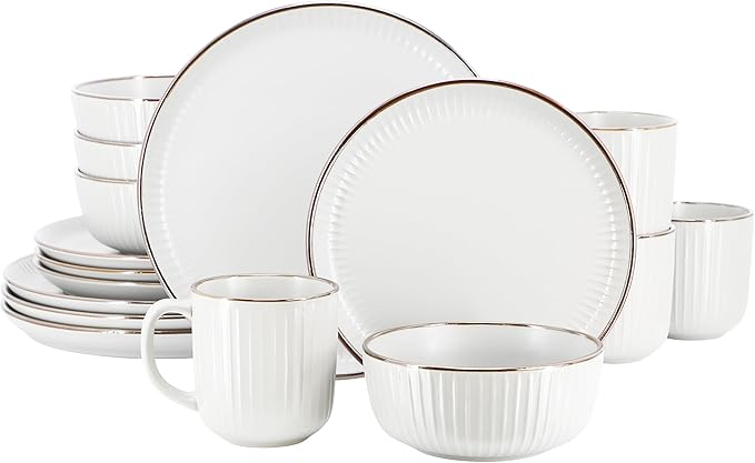 Elama Leo 16 Piece Stoneware Dinnerware Set In White