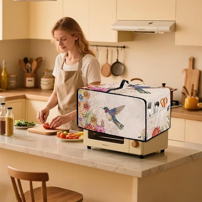 Convection Toaster Oven Cover with Storage Side Pockets Fits Most Kichen Countertop Applances Dustproof Toaster Oven Covers for Family Kitchen Essential Hummingbird Floral