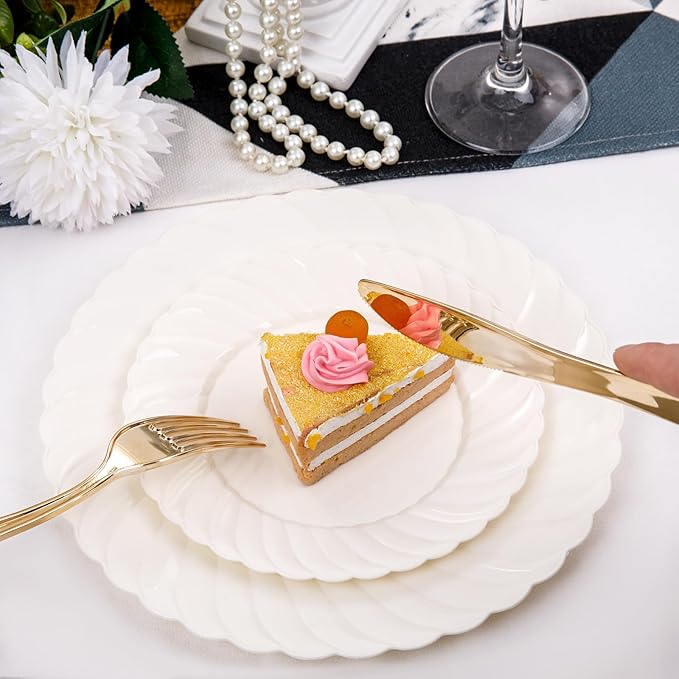 U-QE 100 Piece Ivory Scalloped Plastic Plates for Party - Plastic Plates Disposable Heavy Duty - High End Disposable Plates for Wedding Including 50PCS 9 '' Dinner Plates &amp 50PCS 6.5 '' Dessert Pl