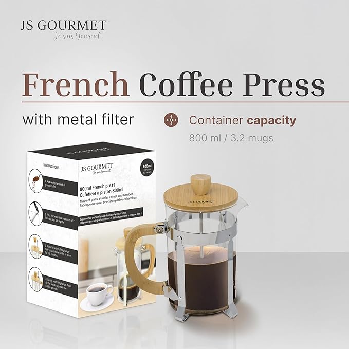 27oz Glass French Press Coffee Maker with Bamboo Wooden Handle Lid and Stainless Steel Frame Manual Coffee and Tea Brewer with 3 Level Filter System