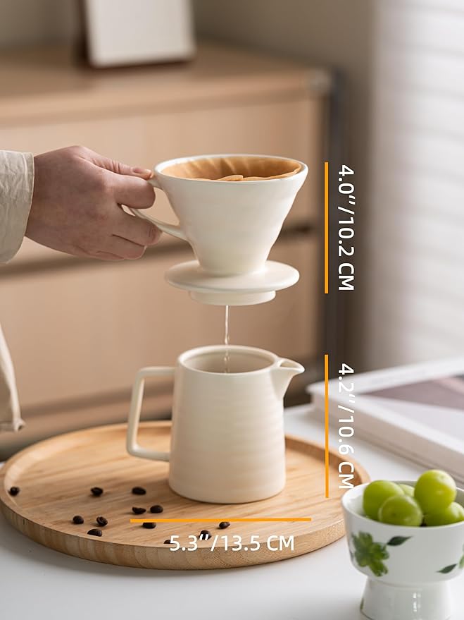 Pour Over Coffee MakerCeramic Coffee Maker With 40 pcs Paper Filter15oz/450ml Pour Over Coffee Dripper (White V02)