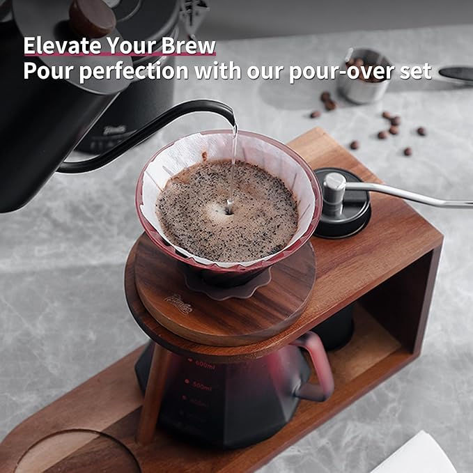 Bincoo Pour Over Coffee Maker Set - Borosilicate Glass Dripper with Walnut Handle &amp Glass Lid 50 pcs Paper Filters Included