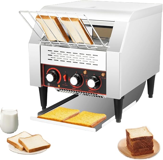 Commercial Conveyor Toaster 300 Slices/H 2200W Heavy Duty Industrial Toasters w/ 3 Heating Modes 7 Speed Control Countertop Restaurant Toaster for Bun Bagel Bread Baked Food 110V