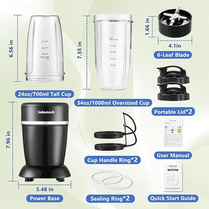 1200W Personal Blender for Shakes and Smoothies 12-Piece Portable Blender Combo with 6-Fin Blades 2 To-Go Cups for Juices Frozen Drinks Baby Food &amp More