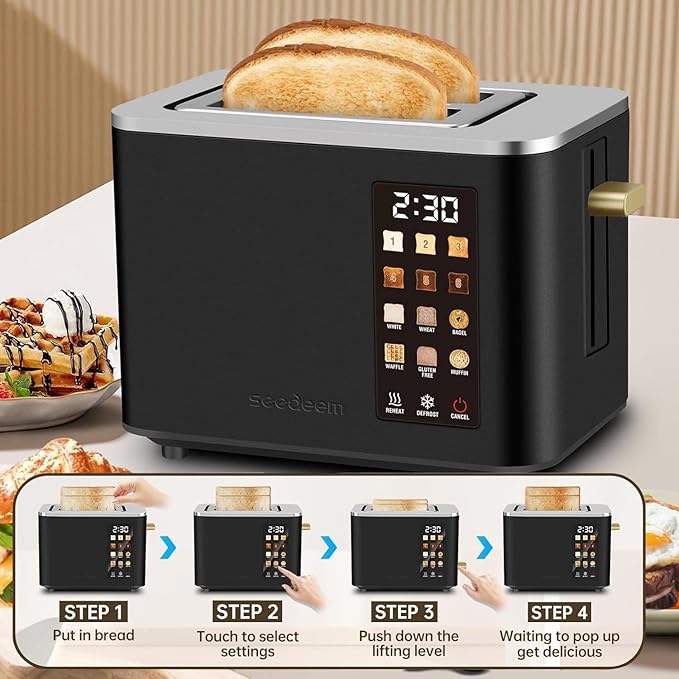 2-Slice Toaster with Touch Control 6 Shade Settings &amp 6 Bread Type 900W Removable Crumb Tray Countdown Display Smart Stainless Steel Design Black
