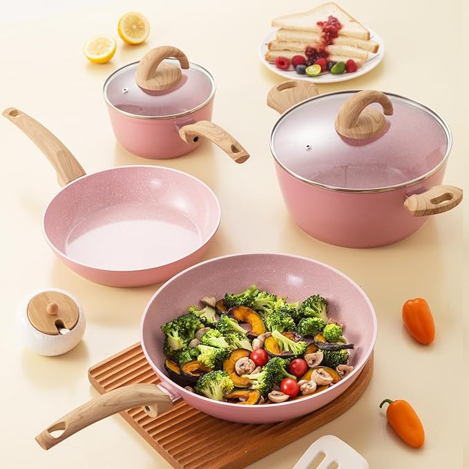 Non Stick Pots and Pans Set Healthy Ceramic Cookware Set 12pcs Kitchen Cooking Pots and Frying Sauce Saute Pans Set PFAS-Free with Kitchen Utensils and Lid Pink