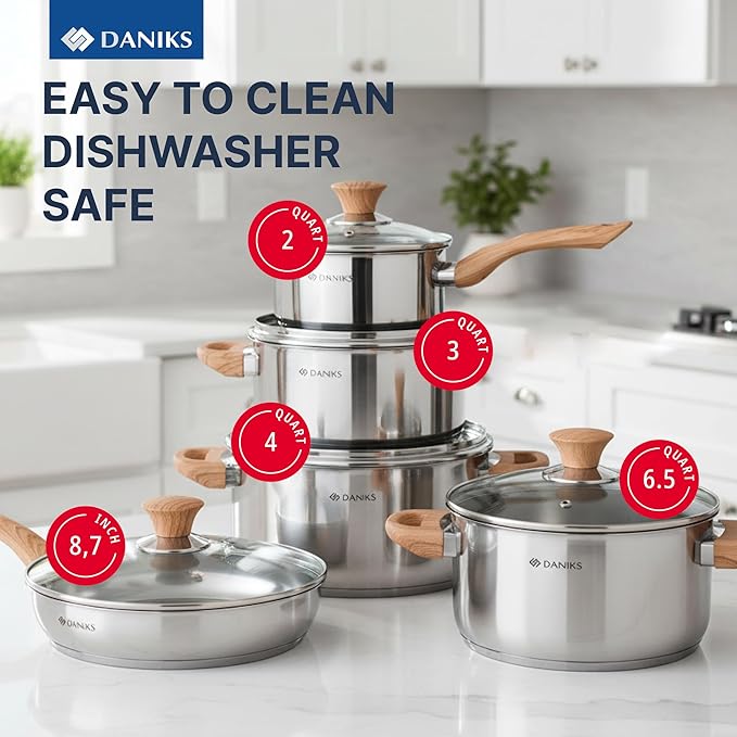 Daniks Oslo 10-Piece Stainless Steel Cookware Set with Glass Lids Includes Saucepan and Frying Pan with Lid Tri-Ply Bases for Even Heating Induction Compatible Dishwasher Safe Bakelite Handles