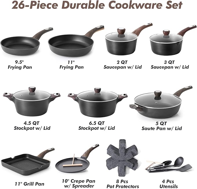 SENSARTE 26 Pcs Pots and Pans Set NonstickKitchen Cooking Set1.5 Quart Nonstick Sauce Pan with LidNon stick Saucier Pan Induction Comptable PFOA Free