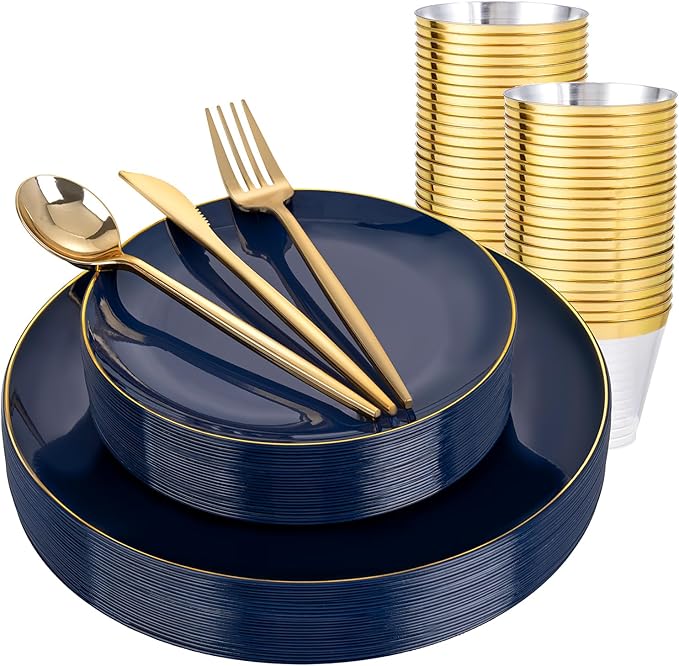 bUCLA 150PCS Blue and Gold Plastic Plates - 25 Guests Navy Blue Plastic Dinnerware Disposable for Party and Passover - Include 25 Dinner/Dessert Plates 25 Knives 25 Forks 25 Spoons 25 Cups