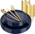 bUCLA 150PCS Blue and Gold Plastic Plates - 25 Guests Navy Blue Plastic Dinnerware Disposable for Party and Passover - Include 25 Dinner/Dessert Plates 25 Knives 25 Forks 25 Spoons 25 Cups