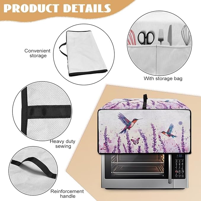 Lavender Hummingbirds Dustproof Toaster Cover with Side Pocket – Fits Most Standard Toasters Microwave Cover &amp Small Appliance Protector Cute Kitchen Decor Gift - S