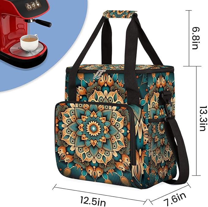 Ethnic Mandala Floral Flowers Coffee Maker Carrying Bag Coffee Machine Travel Storage Bag Compatible with K-Mini or K-Mini Plus Portable Single Serve Coffee Brewer Case with Pockets for K-Cup Pods