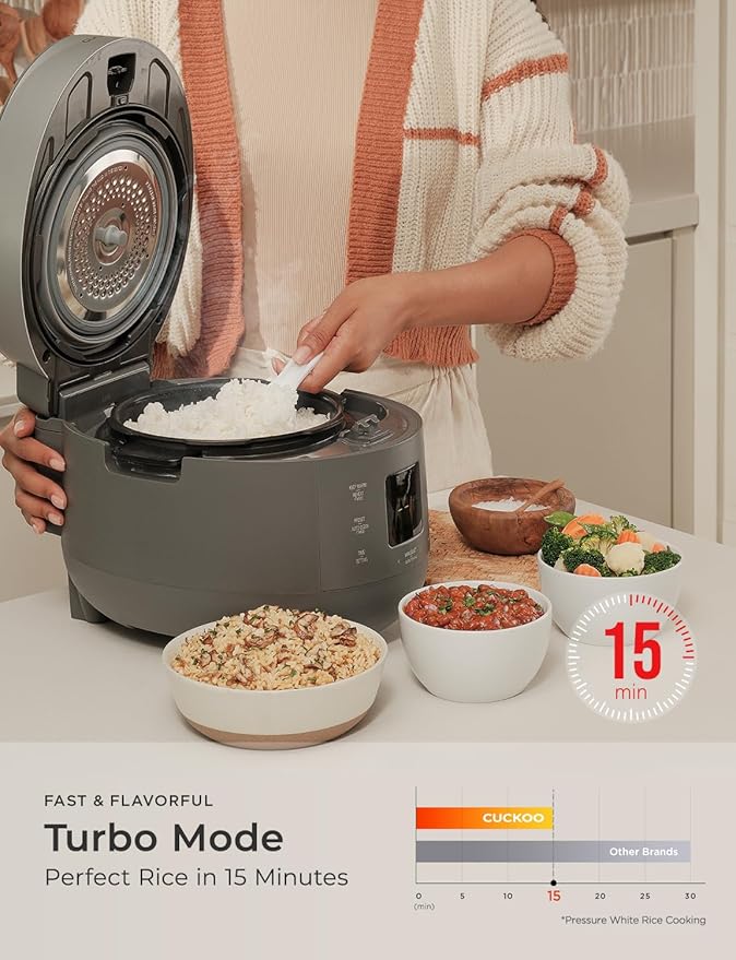 CUCKOO Twin Pressure Rice Cooker 10-Cup Uncooked / 20-Cup Cooked with Nonstick Inner Pot Large Rice Maker &amp Warmer with 16 Menu Options Open Cooking Mode Voice Guide Gray (CRP-ST1009FG)