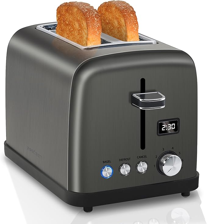 SEEDEEM Toaster 2 Slice LCD Display 7 Shade Settings 1.4'' Wide Slots Stainless Steel Digital Toaster for Bagel Defrost Reheat Removable Crumb Tray 900W Grey