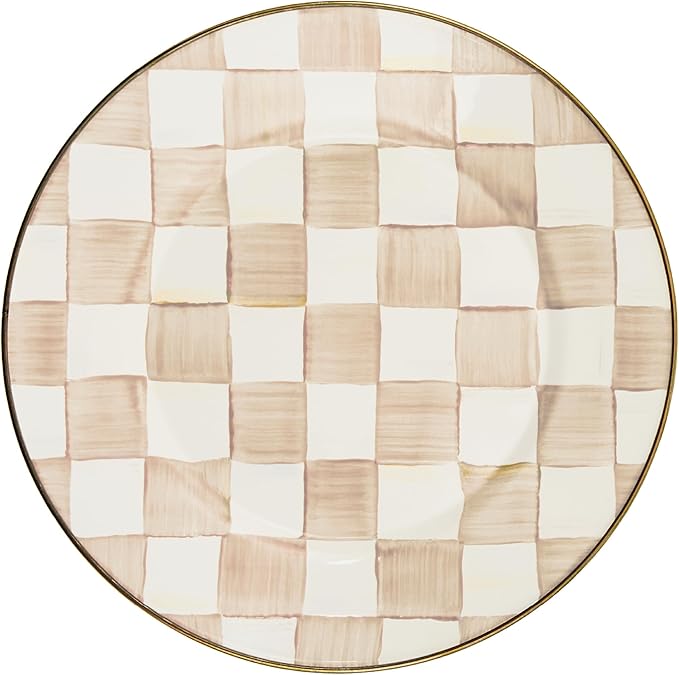 MACKENZIE-CHILDS Enamel Dinner Plate Decorative Dinnerware Plate 10 Inches Brown-and-White Mocha Check