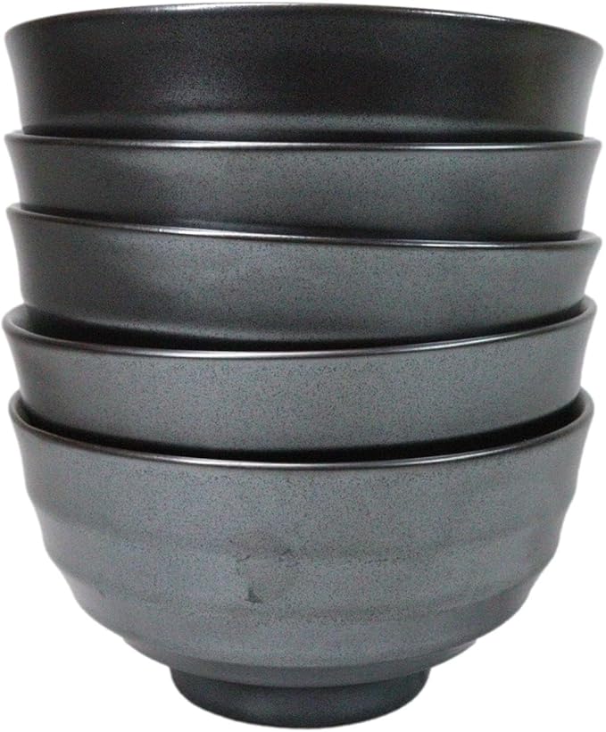 Ebros Gift Iron Black Clay Underglaze Technique Tetsu Kesho Porcelain Dinnerware Kitchen Set Asian Japanese Restaurant Supply (Pack Of 5 Medium Soup Salad Rice Bowls 24oz)