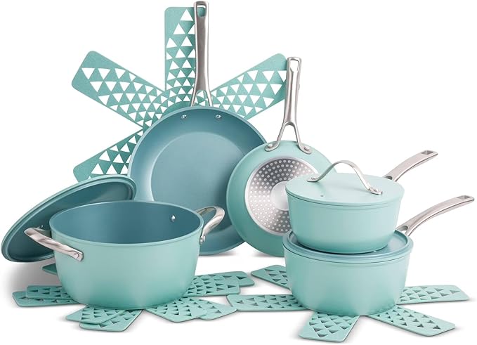 12-Piece Nonstick Pots and Pans Set – Heavy-Duty Aluminum Titanium Nonstick Induction Compatible Oven Safe Cookware Set with Lids &amp Protectors – Premium Kitchen Set (Blue)