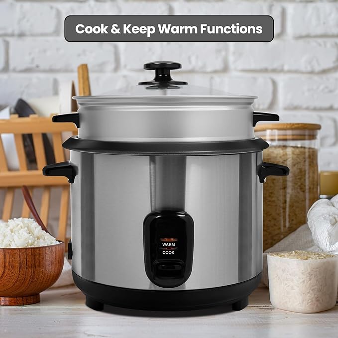 THEGA Electric Rice Cooker and Steamer with Automatic Cooking Removable Non Stick Bowl Stainless Steel Tempered Glass Lid with Steel Vent 700W Cook Warm Function Healthy Rice Cooking(3L)