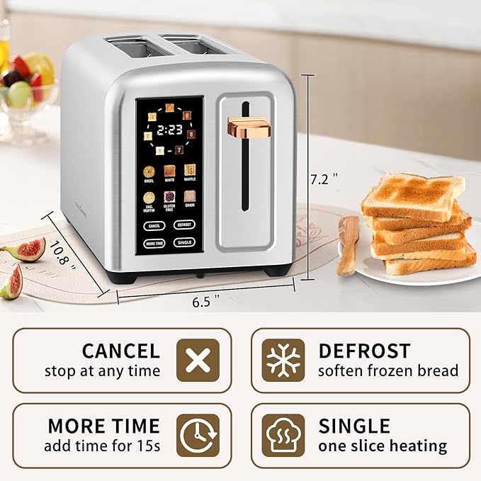 SEEDEEM Toaster 2 Slice Real Touch Screen with LCD Display Single-Slice Function Stainless Steel Toaster 50% Faster Heating 1.5 Wide Slots Removable Crumb Tray 1350W Silver Metallic