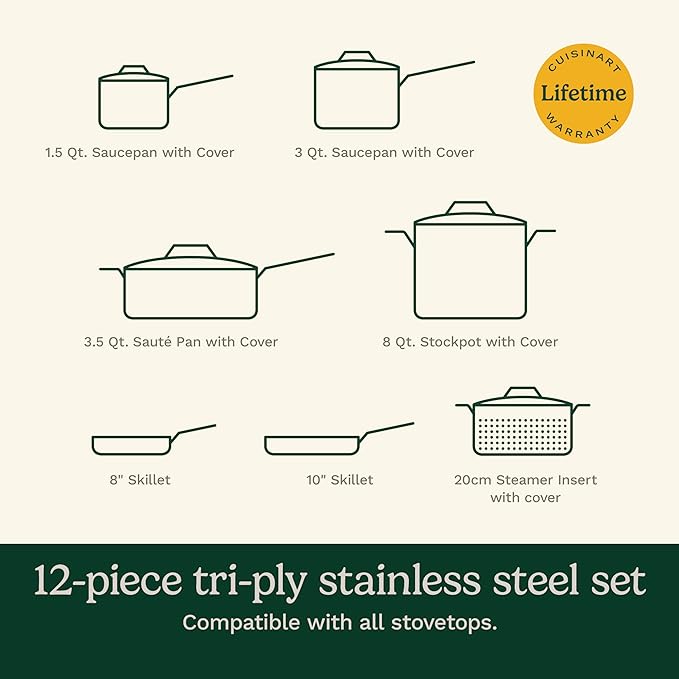 Cuisinart 12-Piece MultiClad Pro Triple Ply Stainless Stainless Steel Pots and Pans Set Cookware Set Compatible with Induction Electric Gas Cooktops Cool Grip Handles Oven Safe to 500°F Silver