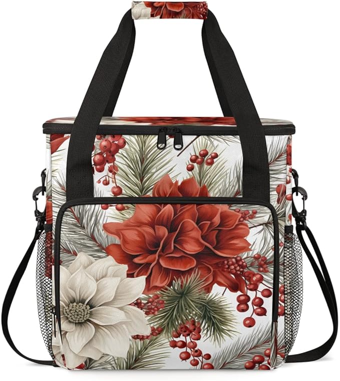 Christmas Flowers Coffee Maker Carrying Bag Glowing Flowers Travel Storage Bag Compatible with K-Mini or K-Mini Plus Single Serve Coffee Brewer Carrying Case with Multiple Pockets &amp Shoulder Str