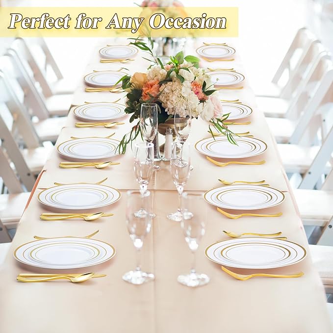 BESTSTAR 100PCS White Plastic Plates Set with Gold Rim 50 10.25 inch Heavy Duty Dinner Plate and 50 7.5 inch Dessert Appetizer Plates Premium Disposable Plates for Party Wedding Birthday