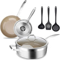 Duxtop 7PC Stainless Steel Ceramic Coated Nonstick Pans Set Induction Frying Pans Non-stick Saute Pan with Lid Impact-bonded Technology