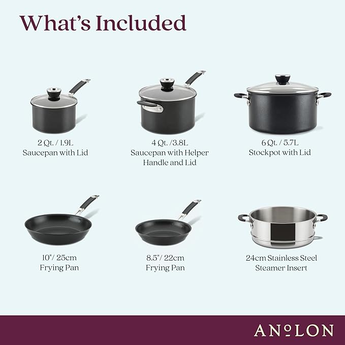 Anolon SmartStack Hard Anodized Nonstick Induction Nesting Cookware/Pots and Pans Set Dishwasher Safe 9 Piece - Black