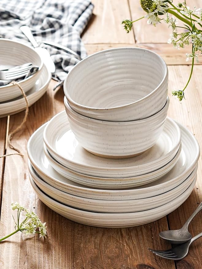 LE TAUCI Dinnerware Sets 12 PCS Ceramic Plates and Bowls Set For Housewarming (28 oz Cereal Bowl+ 8 Salad Dish+10 Dinner Plate) x 4 Oven safe Arctic White