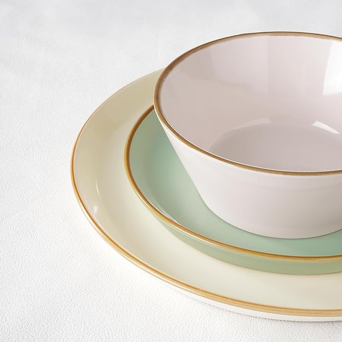 Famiware Saturn Dinnerware Sets Plates and Bowls Sets for 4 12 Pieces Stoneware Dish Set - Chip and Scratch Resistant Microwave and Dishwasher Safe Tableware Set Multi-color with Rim
