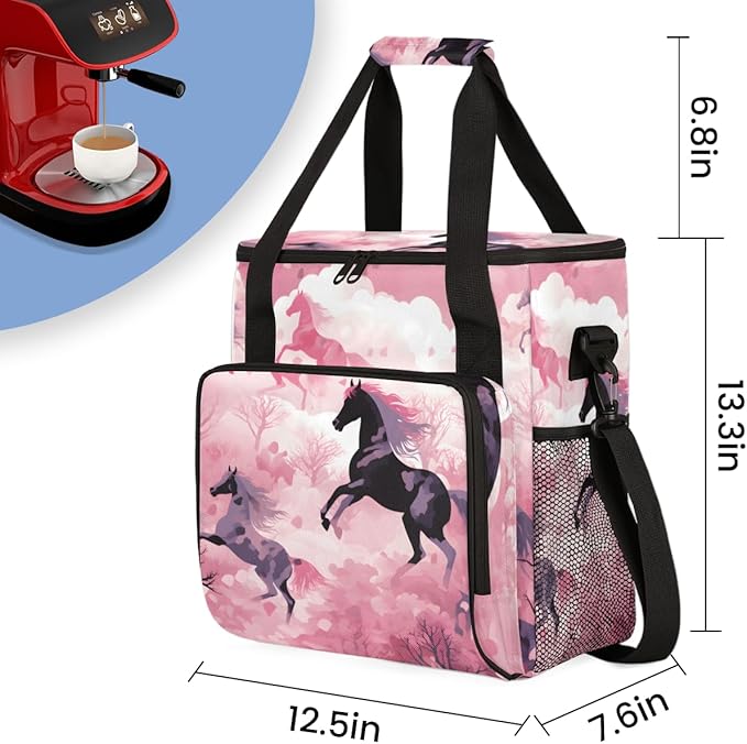 Pink Horse Coffee Maker Carrying Bag Abstract Horse Travel Storage Bag Compatible with K-Mini or K-Mini Plus Single Serve Coffee Brewer Carrying Case with Multiple Pockets &amp Shoulder Strap