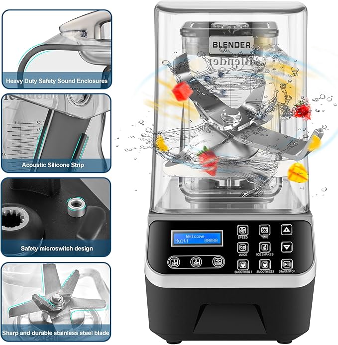 Commercial Blender 2200W 2.1QT 68OZ Quiet Blender Brushless Motors Commercial Smoothies Frozen DrinksSelf-CleaningElectric Countertop Blenders Heavy-DutySilver Grey
