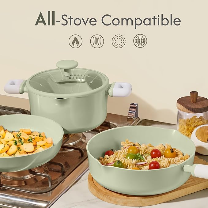 CAROTE Pots and Pans Set Nonstick Ceramic Cookware Set Green Cooking Set Kitchen Induction Set with Steamer PFAS PTFE Free9 Piece